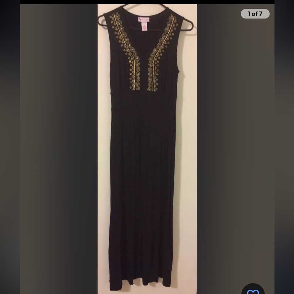 Go Softly Patio Black  Golden Embroidered Dress Sz XS Sleeveless